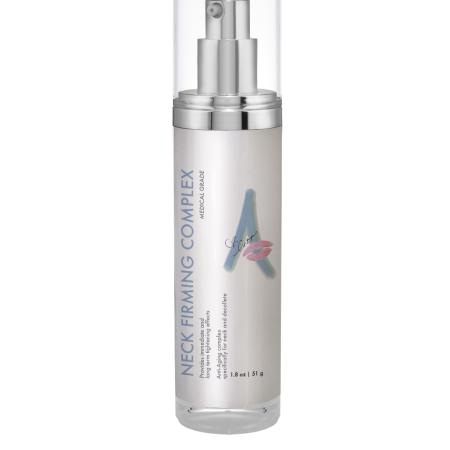 image of a product bottle with a white label with the text Neck firming complex