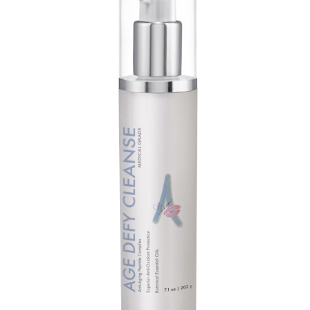 image of a product bottle with a white label with the text age defy cleanse