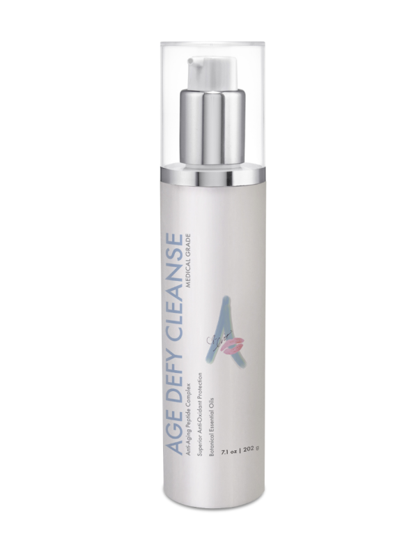image of a product bottle with a white label with the text age defy cleanse