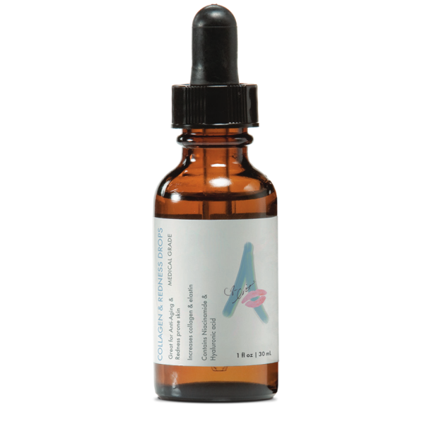 image of a tincture bottle with a white label that says collagen and redness drops