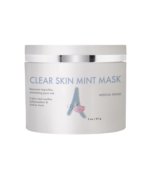 image of a small container with a white label saying clear skin mint mask