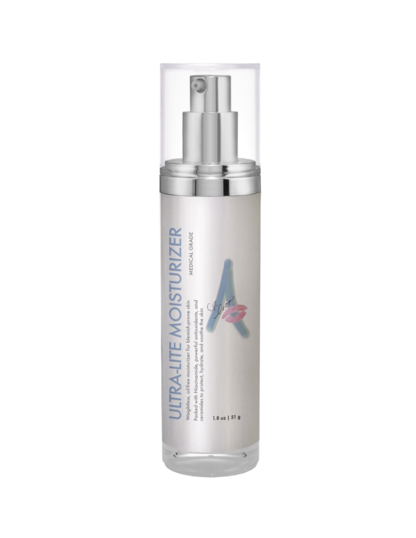 image of a product bottle with a white label with the text ultra-lite moisturizer