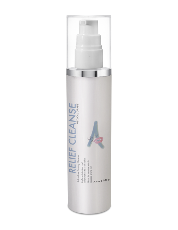 Relief cleanse in a white bottle with a pump