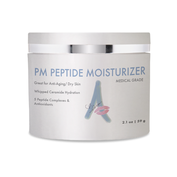 P.M. Peptide moisturizer in a short white container with light blue text