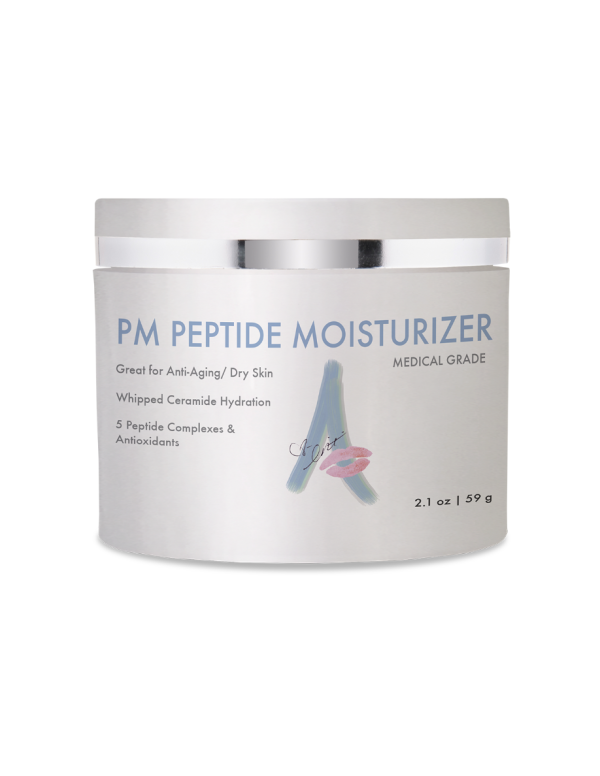 P.M. Peptide moisturizer in a short white container with light blue text